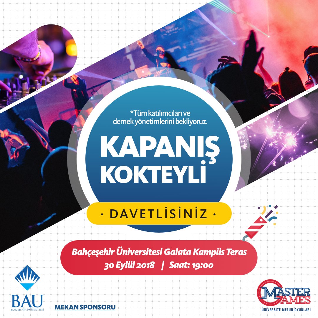 MasterGames’18 kapanış kokteyline davetlisiniz! 🎉 Tüm katılımcıları ve dernek yönetimlerini 30 Eylül Pazar günü gerçekleşecek kapanış kokteyline bekliyoruz!
📍 Bahçeşehir Üniversitesi, Galata Kampüs Teras
🗓 30 Eylül 2018 19:00