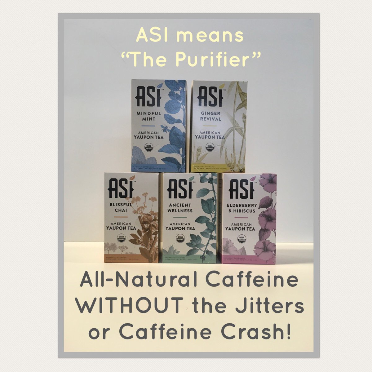 GeorgetownMarkt's tweet photo. #NEW from @drinkasi ~ ASI #Yaupon #Tea ~ all natural #caffeine, w/theobromine &amp; theophylline but no negative effects of caffeine. 4 flavors #sale priced at $4.99/20 bags. #organic #stimulating #energizing #purifying #natural #plantpower #sustainable #shoplocal https://t.co/Pwp4ChEGWa