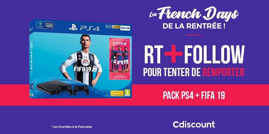 Cdiscount's tweet image. 🎁 #Concours 

👌 À gagner pour les #FrenchDays : Pack PS4 + #FIFA19 + 2ème manette

👉 bit.ly/2xQJfyg

🔸 Pour tenter votre chance : 
RT + Follow @Cdiscount

☑️ TAS 01/10

#CdiscountFrenchDays