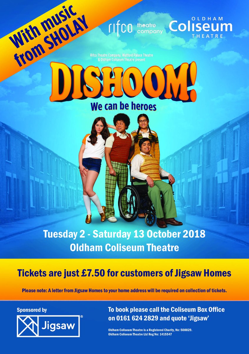 JigsawTameside's tweet photo. Dishoom! opens at the @OldhamColiseum next week and as a New Charter Homes tenant you can get tickets for just £7.50. Don't miss out on this fantastic show in #Oldham. https://t.co/dfyGohoMvc