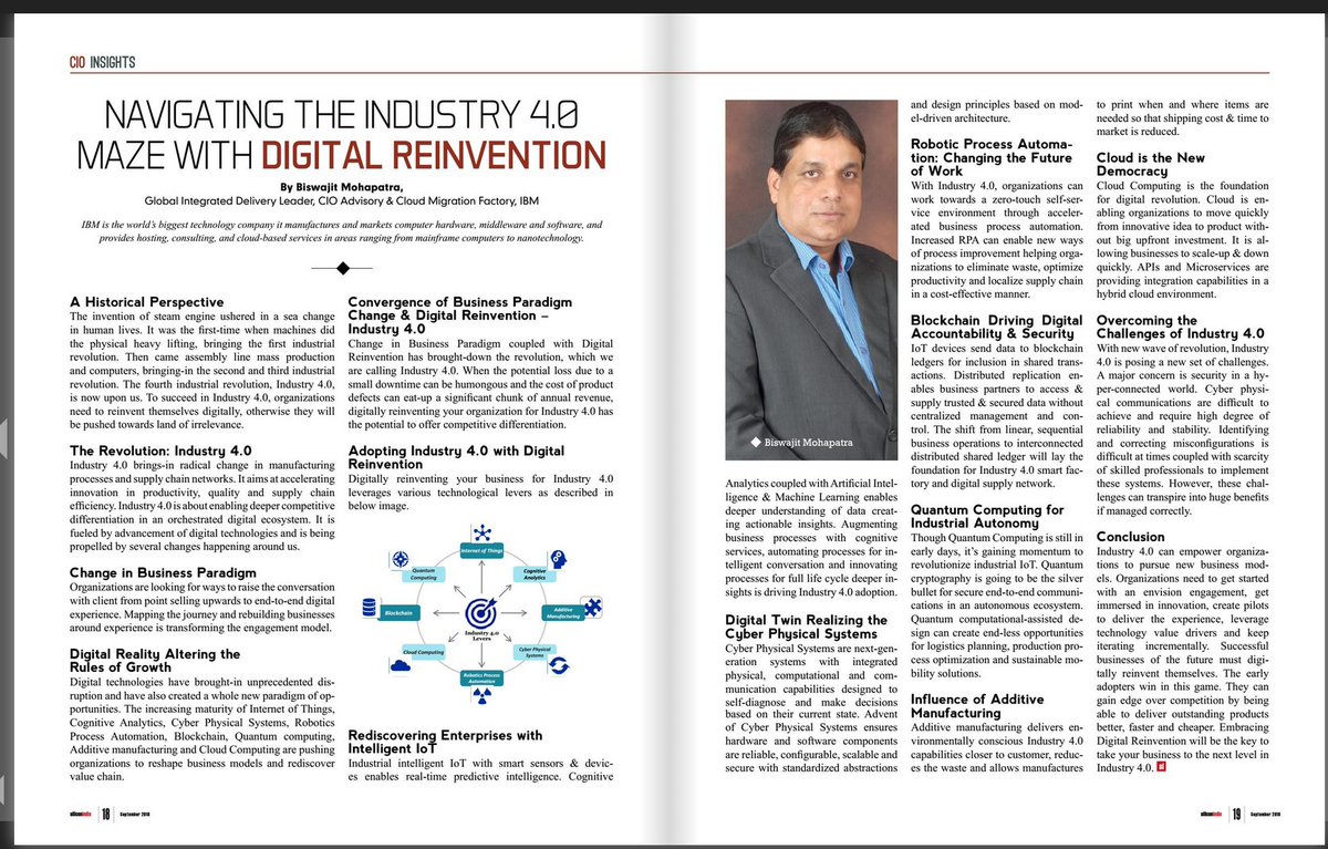 Happy to share - My Article "Navigating The Industry 4.0 Maze with Digital Reinvention" published in "CIO Insights" section of Silicon India Magazine...<a href="/SiliconindiaMag/">SiliconIndia</a> <a href="/SINewsUpdates/">siliconindia - India Edition</a>...
siliconindiamagazine.com/magazine/ivr-s…