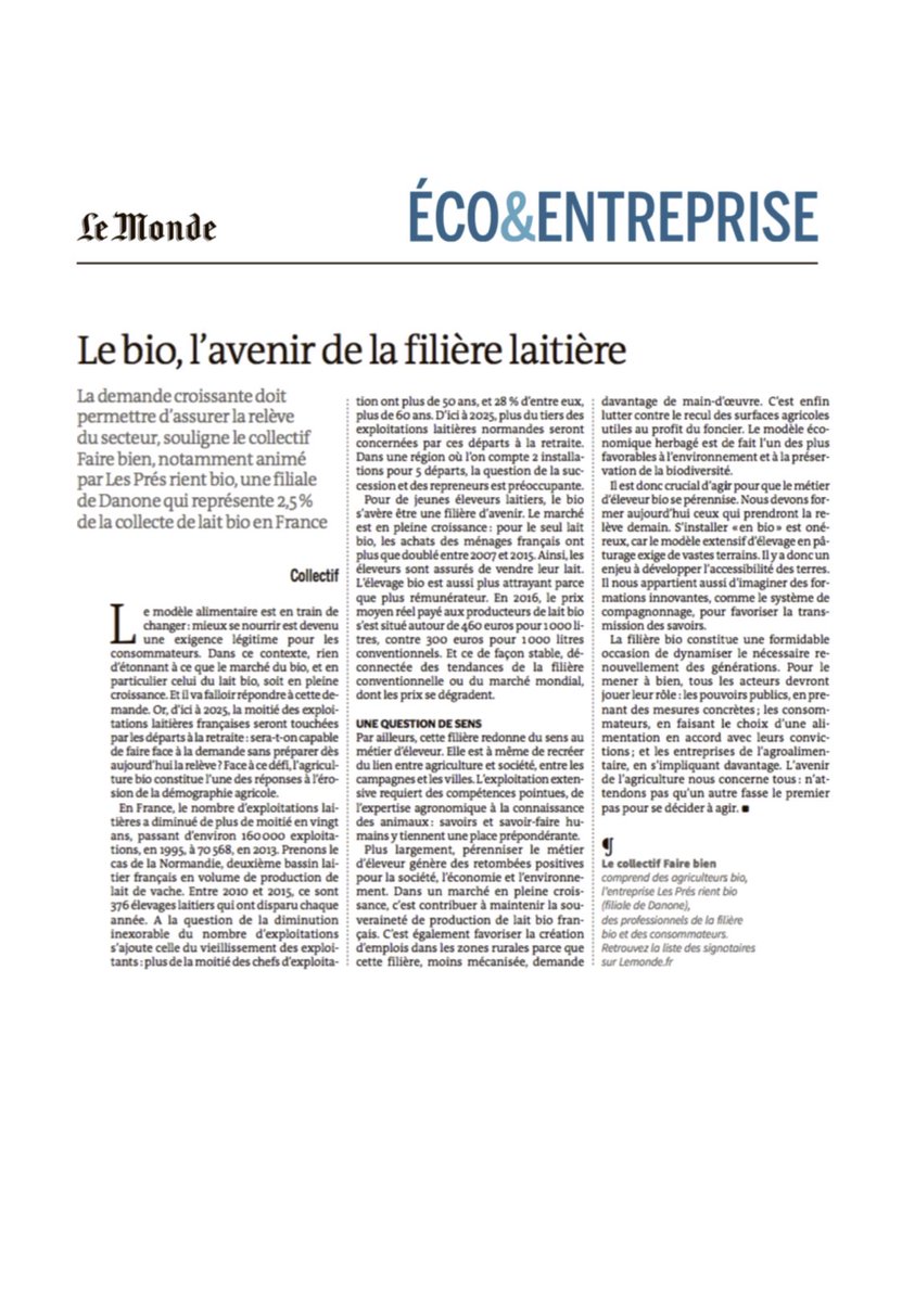 LagenceMA's tweet photo. Le bio serait-il l'avenir de la filière laitière ? Pour le lancement de la nouvelle marque solidaire, le collectif @FaireBien signe une tribune sur le sujet, à retrouver dans @lemondefr 
https://t.co/yv3c2fIt3K
#guilloteam #fairebien https://t.co/H7uRP3CjM0