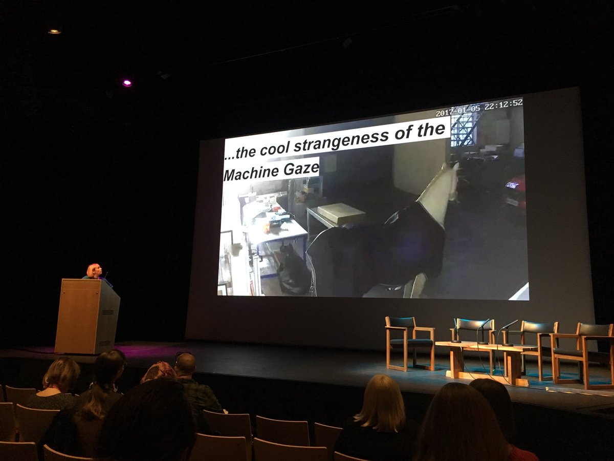 elly_clarke's tweet photo. The Machine Gaze in action - @nyethompson talking about her work #humanbeingsdigital as well as the software &amp; hardware that fed her data at #messyedge conference @DigitalBrighton @AttenboroughCtr https://t.co/zRvAvSBf95