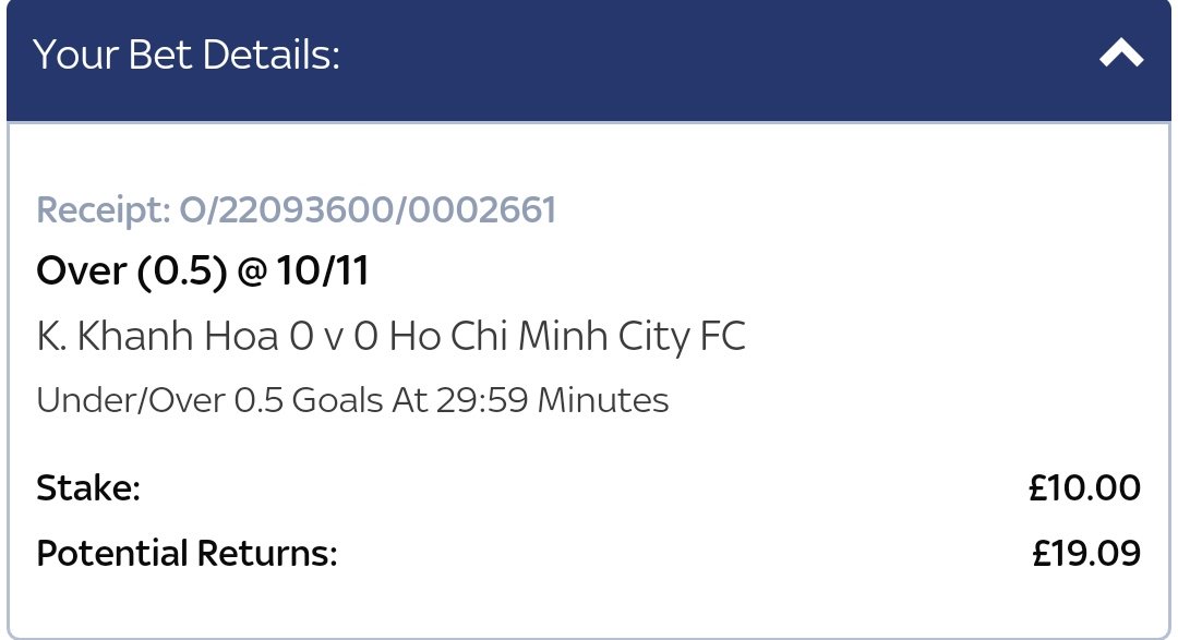 ⏱️ #INPLAY
⚽ Khanh Hoa v Ho Chi Min City
➡️ 1st Goal Before 30mims
📈 ODDS : 10/11
📊 STAKE : 2pts
🇻🇳 VIETNAM V League