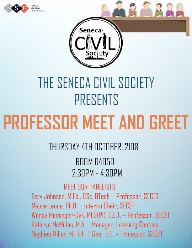 SenecaCivil's tweet photo. Hey everyone! 👋

Come on over to D4050 next Thursday for our Prof. meet and greet 🤝 from 2:30 - 4:30, Oct. 4

You can listen to a speech from our panalists while you enjoy some refreshments 🍪☕ and get to know the various teachers who will attend 💼 https://t.co/5EpS2DccJA