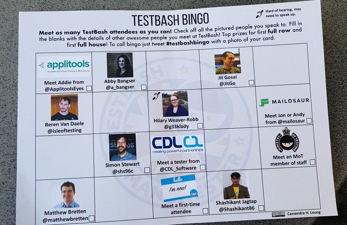 Applitools's tweet photo. And Addie from the Applitools team is on-site as well -- Catch her if you can if you want a shot at winning the #TestBashBingo :)
#TestBash https://t.co/9SpMbfD0gv