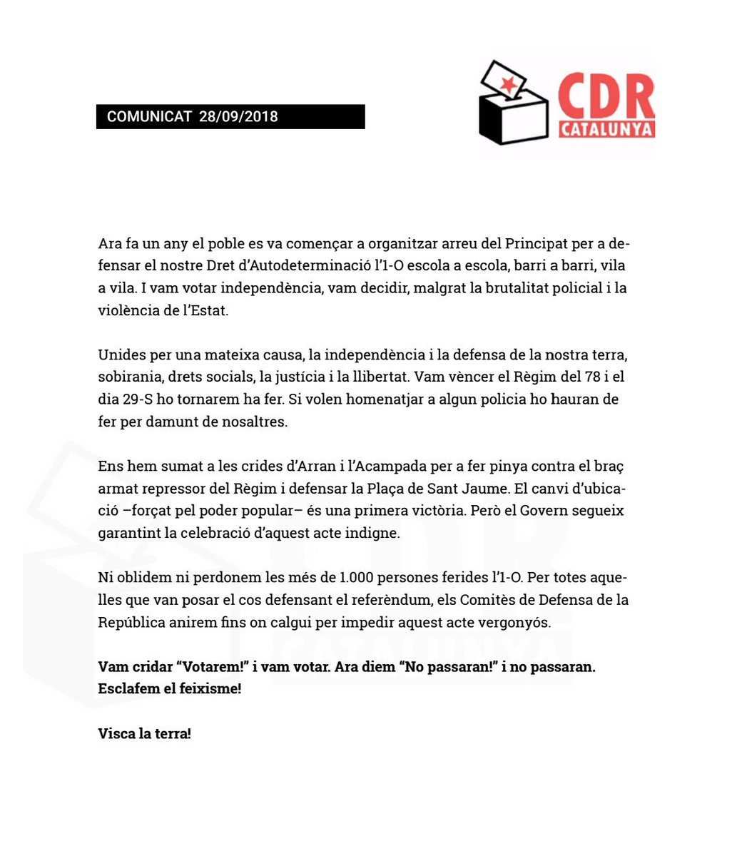 CDRCatOficial's tweet photo. Els membres dels CDR ens adherim a les convocatories q lluiten contra el feixisme.

Us diem no. No a tots aquells q van venir a agredir-nos l'#1Oct. 
No a la manifestació de @Jusapol. Res a celebrar i molt per avergonyir-se. 
El feixisme se'l combat! 
No passareu!

#BuchDimissió https://t.co/BIaXv2jVyI