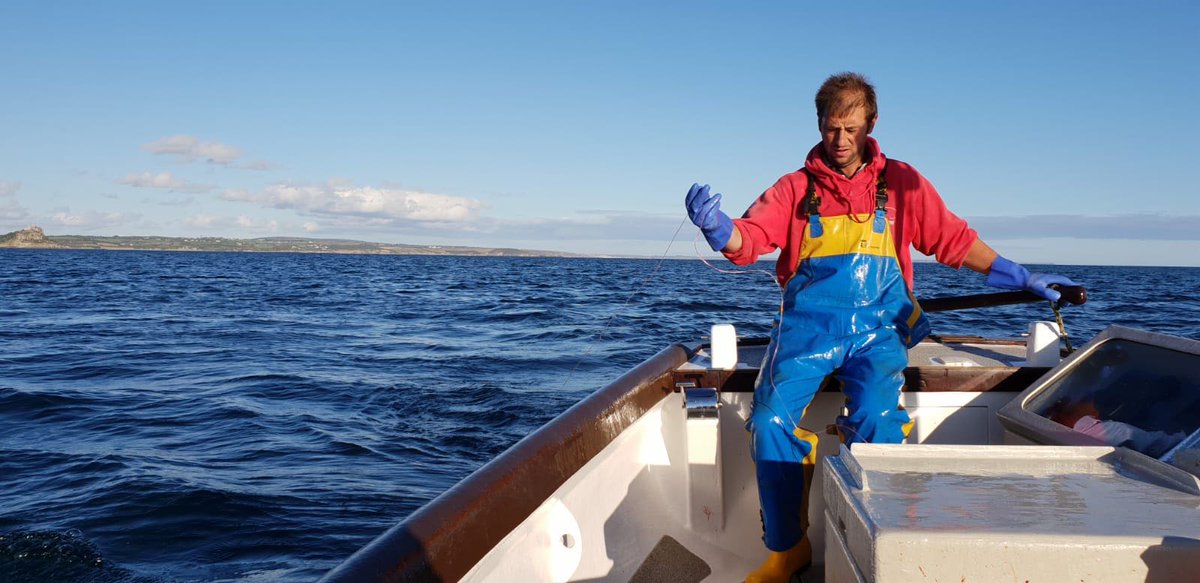 NewlynStevenson's tweet photo. Ryan Ladd our Second Auctioneer hand-lining for Mackerel on his boat The Pendower PZ118. Photo Credit: @LukePaveyUK #fishing #fishermen #cornwall #handlining #mackerel https://t.co/6LYhR3a89L