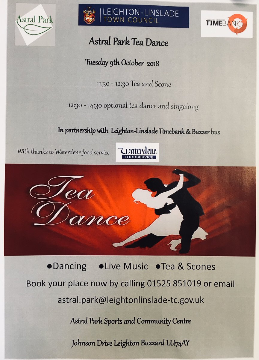 Drum roll please!!...<a href="/Astral_Park/">Astral Park</a> in partnership with Leighton-Linslade #Timebank will be holding a Tea Dance 💃 on Tuesday 9th October for residents of #LeightonBuzzard please call 01525 851019 to book! <a href="/LLTCNews/">Leighton-Linslade TC</a> #celebratingolderpeoplesday #teadance #community