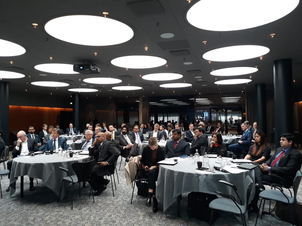 VibrantGujarat's tweet photo. Mr.Ashwini Kumar,Sec @CMOGuj addressed a full house of over 50 businessess & academic institutions at #VG2019 Roadshow in #Copenhagen.Highlighted opportunities in #Energy #FoodProcessing #Logistics & invited them to d upcoming @VibrantGujarat Global Summit 2019 #ShapingaNewIndia https://t.co/4jCIj6N8WO