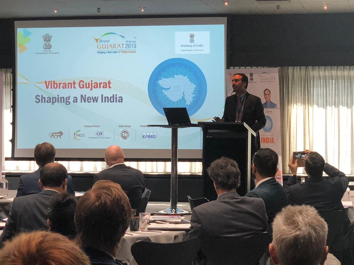 VibrantGujarat's tweet photo. Mr.Ashwini Kumar,Sec @CMOGuj addressed a full house of over 50 businessess & academic institutions at #VG2019 Roadshow in #Copenhagen.Highlighted opportunities in #Energy #FoodProcessing #Logistics & invited them to d upcoming @VibrantGujarat Global Summit 2019 #ShapingaNewIndia https://t.co/4jCIj6N8WO