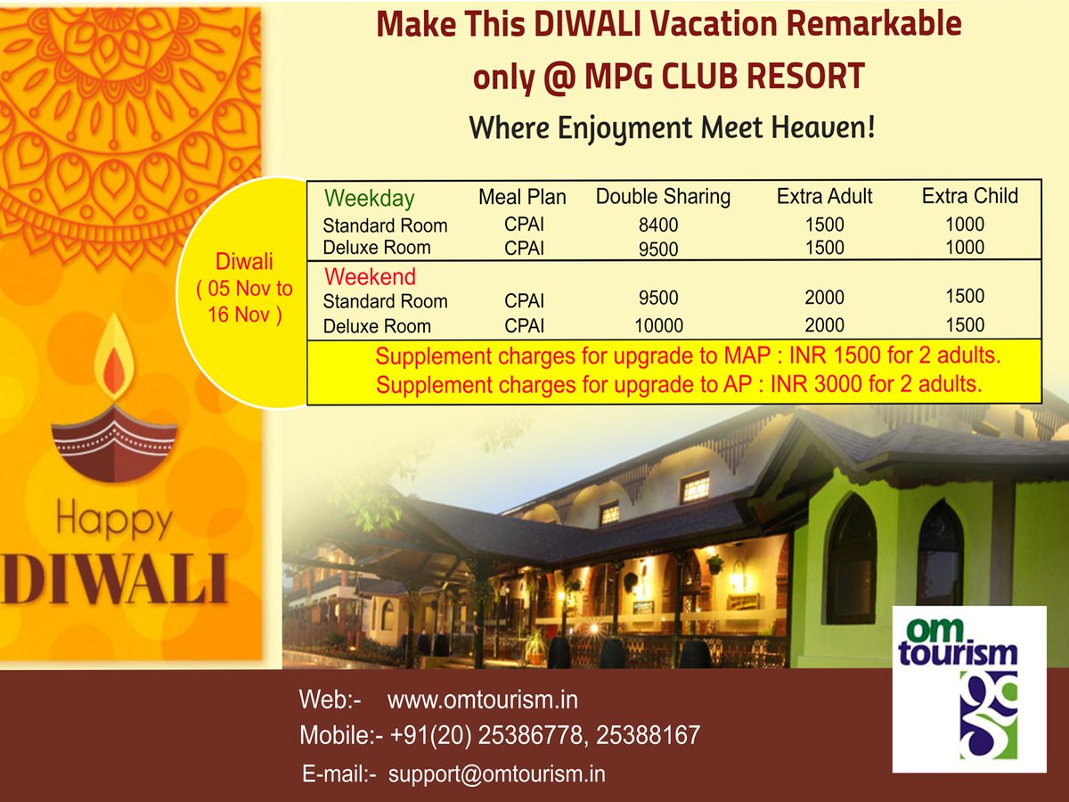 OmTourism's tweet photo. Make this Diwali vacation Remarkable only @MPG Club Resort

Book Now!
Call us- +91 (20) 25386778, 25388167 https://t.co/c4fB7uHTLV