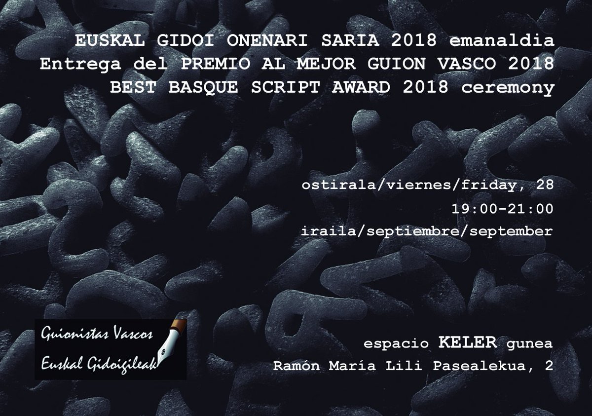 GidoiTwitt's tweet photo. ¡Tenemos ganador@ del #PremioMejorGuionVasco!
¡Muchísimas gracias a nuestros miembros del jurado!
@sansebastianfes @Dantzafilm @oreinafilm #Anotherdayoflife @Black_Is_Beltza @Vitoria3MFilm @bajolapieldelob #lanochenoslleva @LadyOffPelicula @ErrementariFilm #basqueselfie https://t.co/HWq4nLe7YD