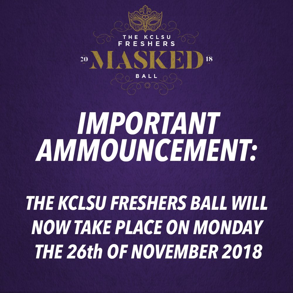 OriginalSinUK's tweet photo. URGENT ANNOUNCEMENT - The @kclsu Freshers Ball 2018 has been re-scheduled to 26/11/2018 due to urgent structural repairs which affect the safety of customers and staff - for more information visit our Facebook pages. #KCL #KCLSU #KCLSUFRESHERSBALL @KCLSU_Events https://t.co/CQCb9EbqBF