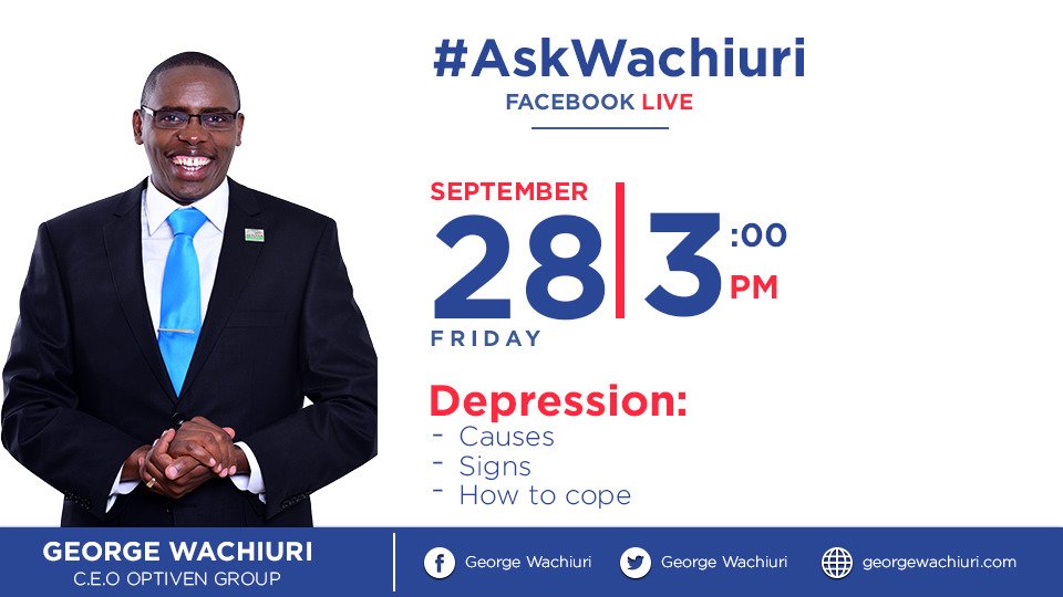 OptivenLimited's tweet photo. Got a question on discouragement or depression?
Share it here and we'll have them answered LIVE on FB during #AskWachiuri 
An hour to go!

See you then! https://t.co/ksi8i7wK3Y