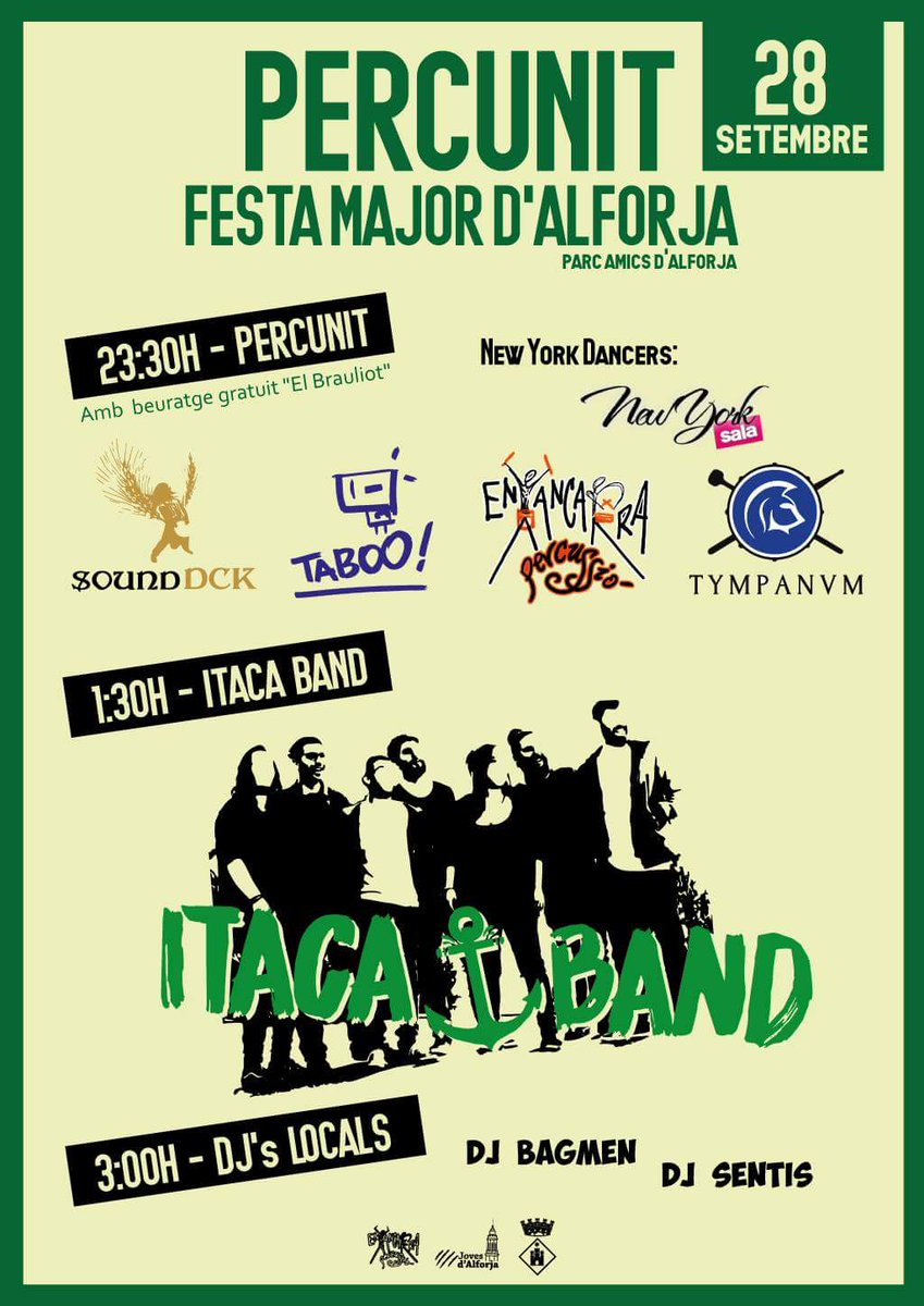 🌙🥁🎊 PERCUNIT ALFORJA! 🥁🎊🌙

L'any passat els companys d'<a href="/Enxancarra/">Enxancarra Percussió</a> ens van convidar a la percunit i vam quedar molt satisfets de l'experiència i avui hi tornem!

A més, aquest any compartim carrer amb <a href="/TabooPerc/">Taboo! Percussió</a> i <a href="/sounddeseca/">Sound de Secà</a>. No et perdis aquesta nit de percussió!