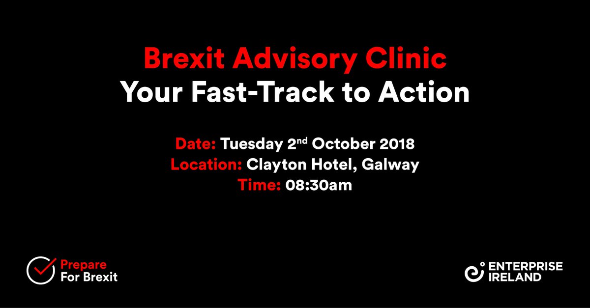 Entirl's tweet image. Discuss and evaluate your company’s specific Brexit challenges with experts at the #Brexit Advisory Clinic taking place the 2nd October in Galway. Register now: prepareforbrexit.com/events/ #Brexit