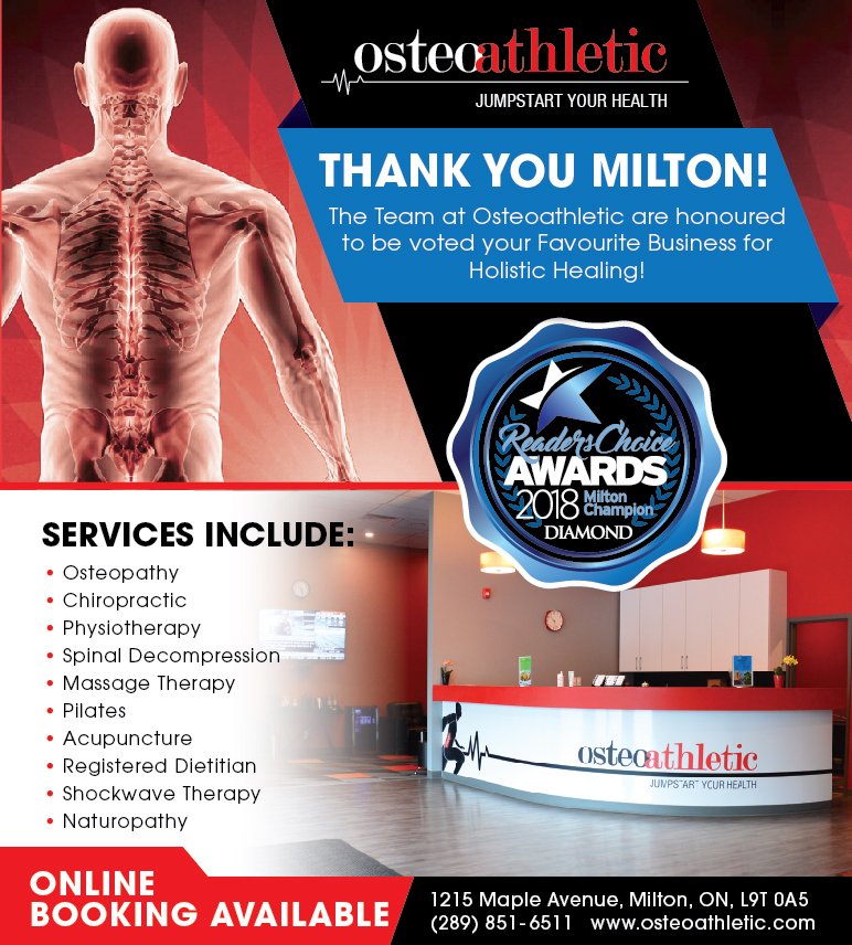 Thank you Milton for voting us 1st place as your Favourite Business for Holistic Healing. On behalf of the entire Osteoathletic team - THANK YOU! We are blessed with amazing patients! #miltonON #BurlON