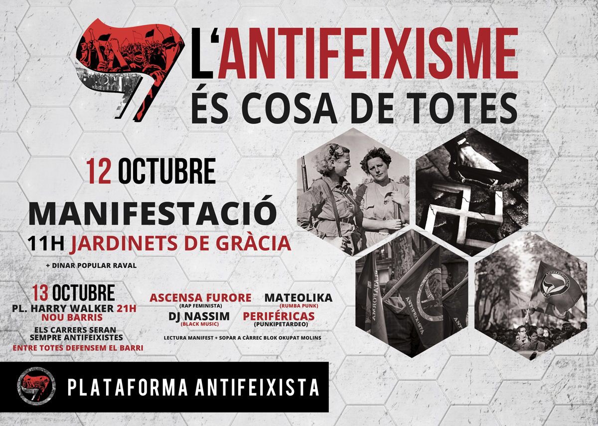 Presentem el cartell per les Jornades Antifeixistes a Barcelona els propers 12 i 13 d’Octubre. L’ANTIFEIXISME ÉS COSA DE TOTES! NO PASSARAN!