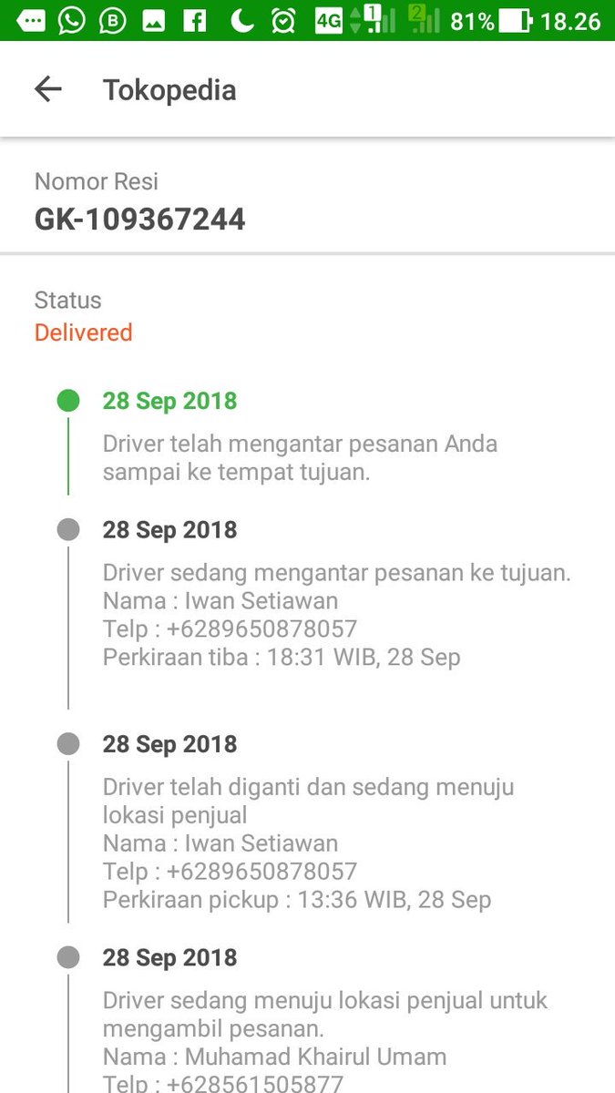 jde_82's tweet photo. @gojekindonesia tolong untuk layanan pengaduan go jek,...sy order barang dr tokped dng kurir gojek,...di track info tokped status barang telah sampai dan diterima,padahal sy belum terima itu barang,saat sy telp driver jwbnya ga jelas,cuma jwb 'iy sebentar ya pak ya' berkali. https://t.co/XB8kptBZYb