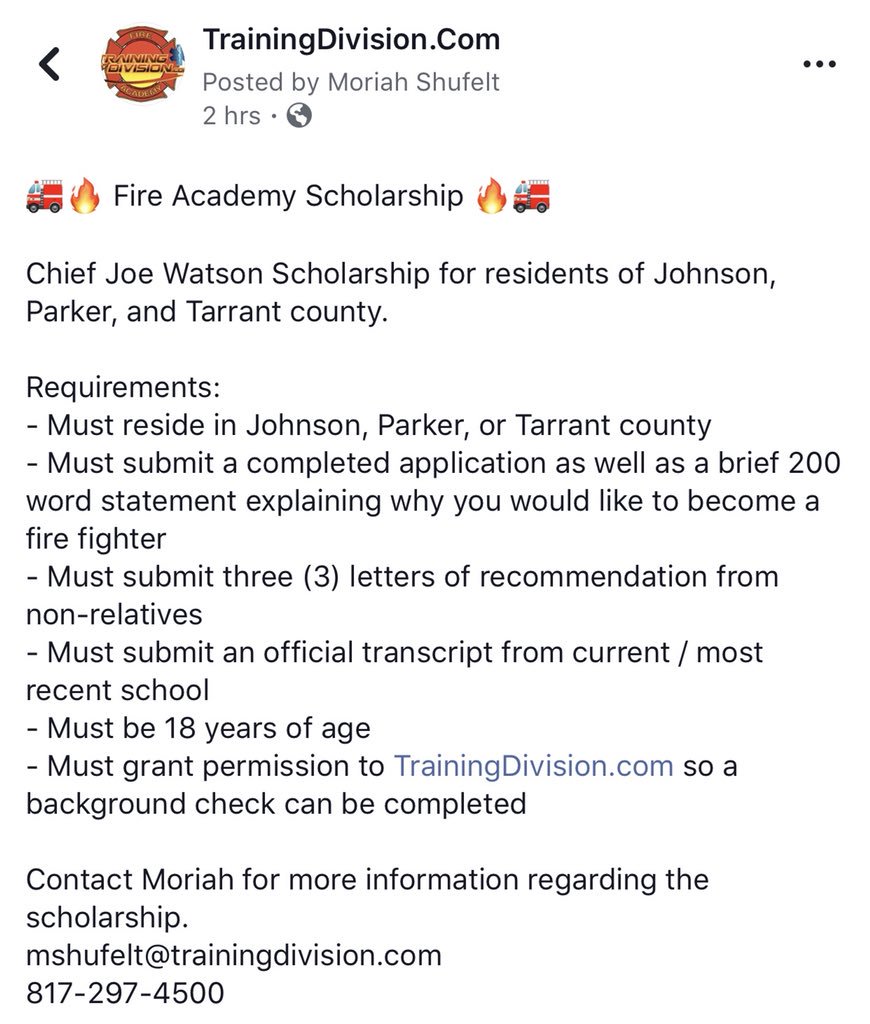 TDFireAcademy's tweet photo. 🔥FIRE ACADEMY SCHOLARSHIP🚒 
Johnson, Parker, and Tarrant County residents
All requirements are listed below. #trainingdivison #tdfireacademy #fireacademy #firefighter https://t.co/rI1FZ7zaFU