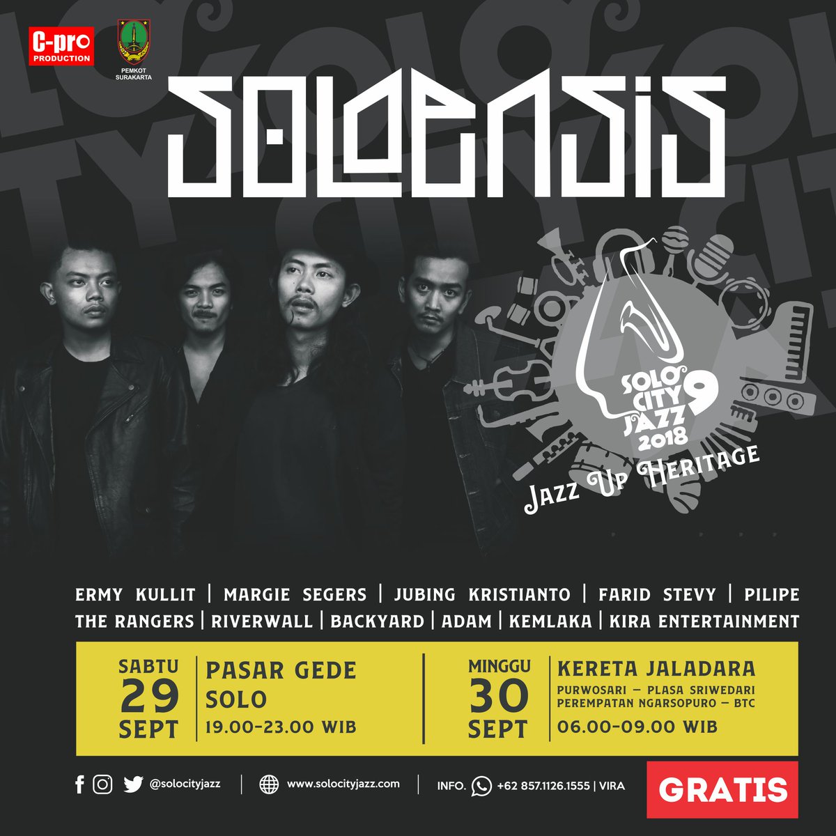 Pertama kalinya Soloensis akan manggung di Festival Jazz yg notabene mereka selalu bermain Rock.  Seperti apa ya keseruannya?
Nah, saksikan Solensis feat Farid Stevy di SOLO CITY JAZZ IX "Jazz Up Heritage". 😊

#solocityjazz #kotasolo