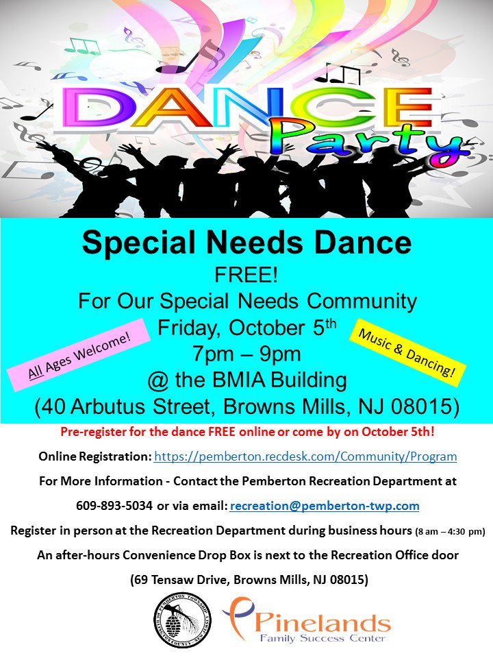 pembertonrec's tweet photo. The @PembertonTwp Special Needs Dance, presented in partnership with @preventionplus1, will take place 10/5/18 at the BMIA Building! FREE! Register online or at the door! #specialneedsdance #danceparty #free
https://t.co/LQ2hpcU6jh @PembertonSchool @kellykultys @PEMBERTONSEAT https://t.co/r8dybhugfC