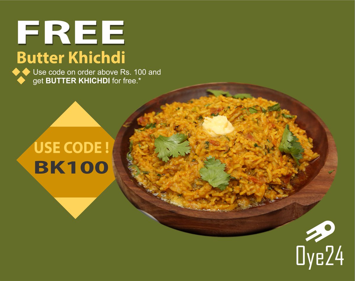 AbeOye24's tweet photo. Last day for FREE BUTTER KHICHDI: Use code FREEBK from #oye24 Mobile App/Website &amp; get FREE BUTTER KHICHDI* on every order above Rs 100.
*TnC apply.
Order now: https://t.co/7KDZoGxbTS
Call: 0731-4711711
Download the #app
#FridayFeeling https://t.co/60s1C3wIlM