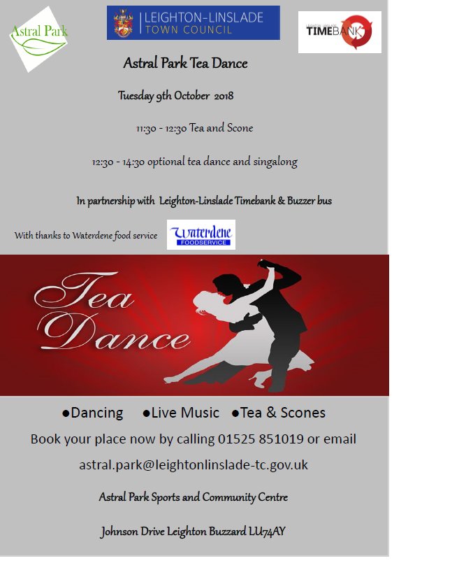 **Free Tea Dance and Singalong** <a href="/Astral_Park/">Astral Park</a> and Leighton-Linslade #Timebank have organised this exciting #free event to celebrate older peoples day! please share to reach as many residents of #LeightonBuzzard as possible! <a href="/LLTCNews/">Leighton-Linslade TC</a> <a href="/LeightonNet/">Leighton Net</a> <a href="/LBOnews/">LB Observer</a>
