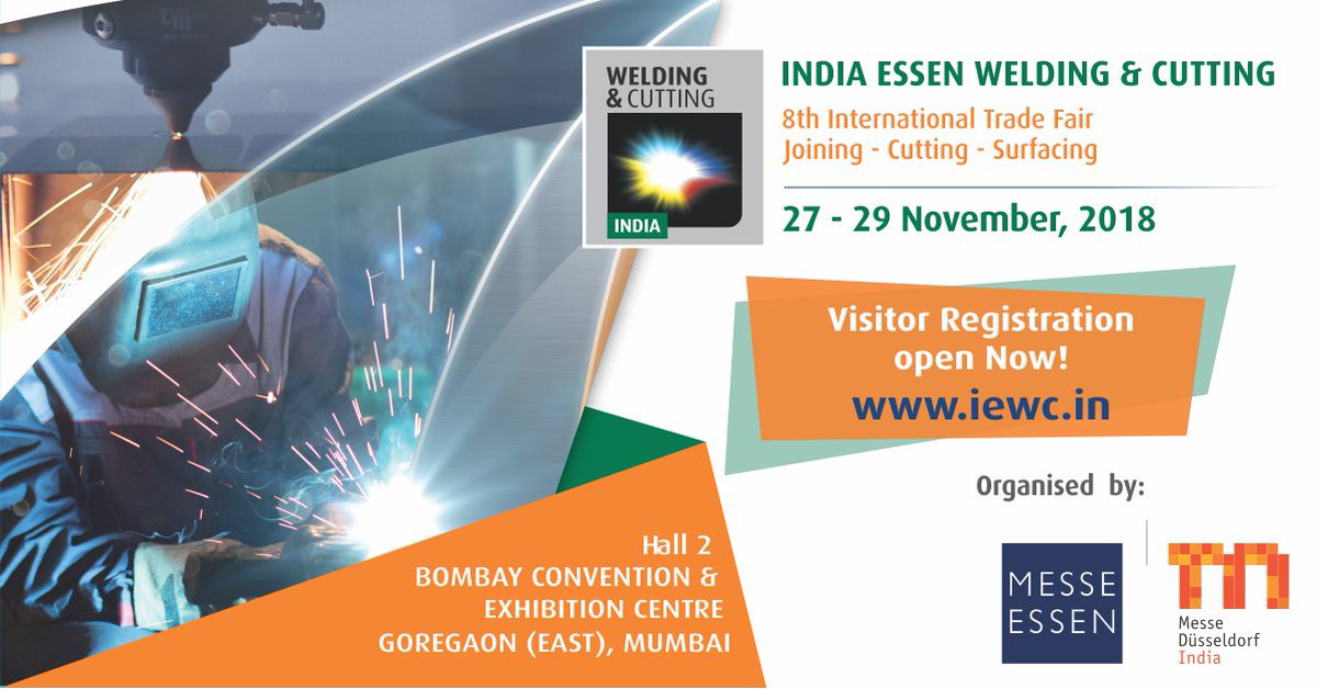 IndiaWelding's tweet photo. India Essen Welding &amp; Cutting
8th International Welding &amp; Cutting Trade Fair
Trade Fair Dates: 27-29 November 2018
Visitors Registration Open Now : https://t.co/UIW6RD0bsI
For Direct Online Registration Click the below link
https://t.co/fDahzPPrlq

#Visitor #Registration #Open https://t.co/MCPoqsGqyh