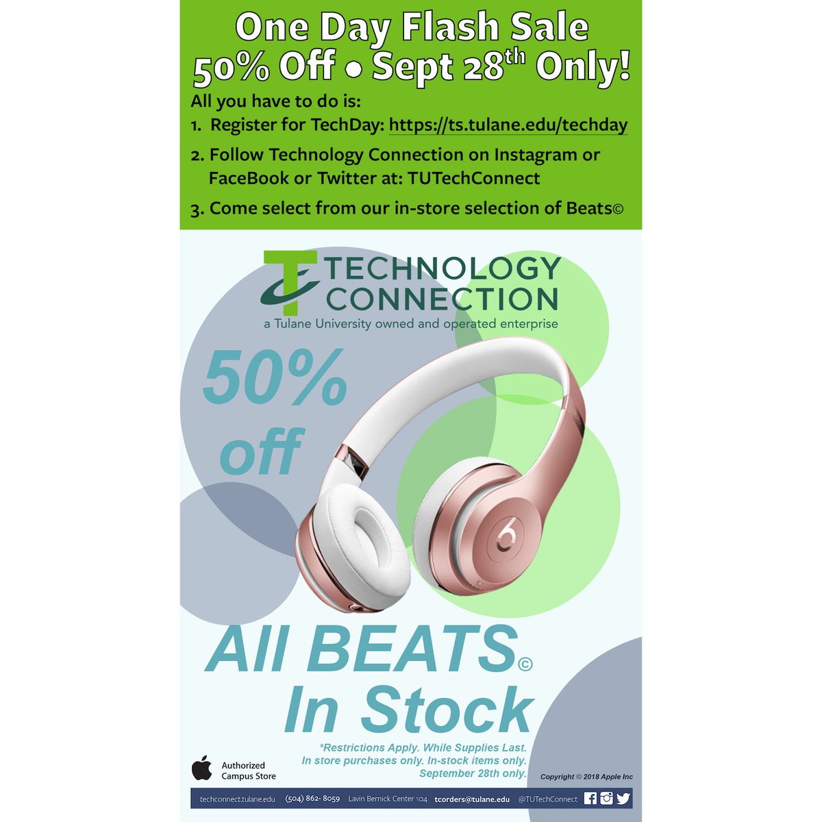 TUTechConnect's tweet photo. One day Flash Sale: 50% Off Beats.  Today only! #TUTechConnect https://t.co/qQhPHyxNuZ