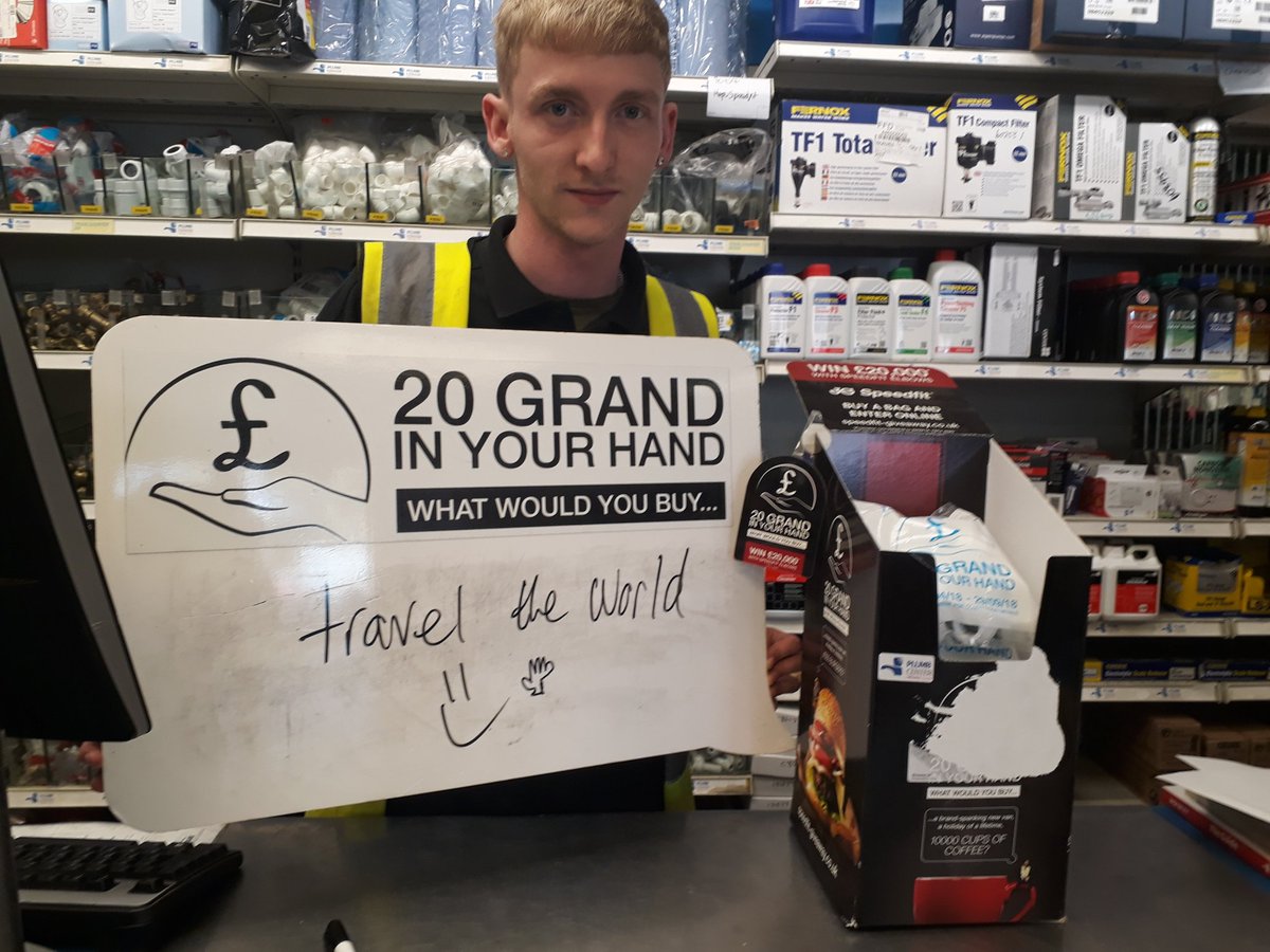 simonheadlam63's tweet photo. Last day before we announce the winner of #20kInYourHand competition. It's not too late to buy a bag of @JGSpeedfit 15mm elbows and enter. Daniel @WolseleyUK Wolverton would travel the world if he won the #SpeedfitGiveaway. You still have the rest of the day to decide and enter. https://t.co/KwShzlNrAK