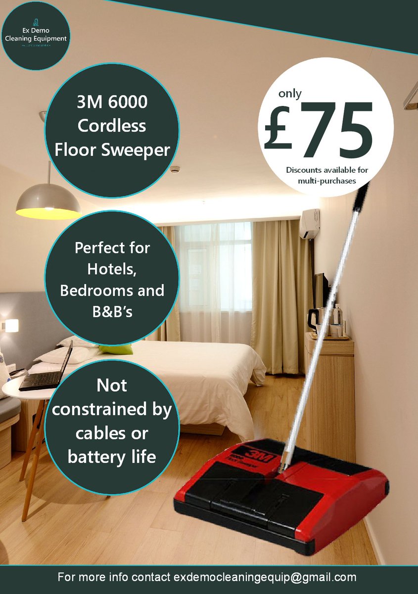 ExDemoCleaning's tweet photo. FINAL DISCOUNT!! Our remaining stock of 3M Cordless Sweepers are now only £75 each! Get in touch today to order #cleaning #manchester https://t.co/KgVV9xQjiK