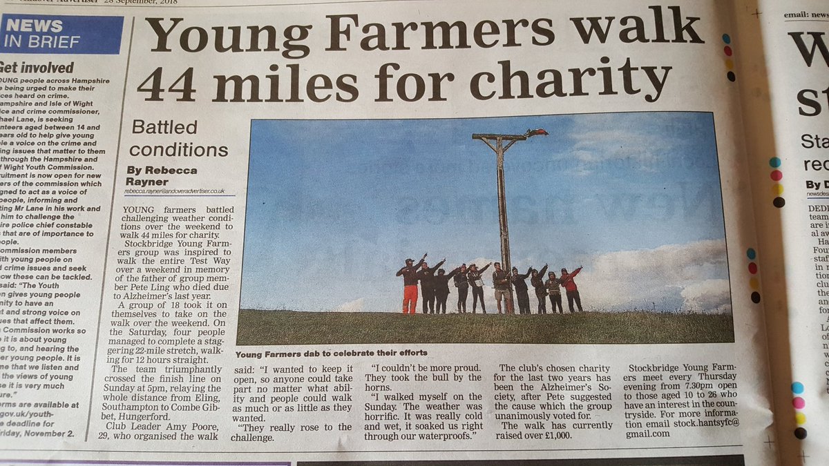 StockbridgeY's tweet photo. Thank you so much to @AndoverAd for covering our story the total now stands at £1300 and still growing for our #Memorywalk for @alzheimerssoc @NFYFC #YFC #yfcdoitbest #morethantractors #TrueYFC #Testway #Hampshire #Stockbridge https://t.co/RmGVsqPTzQ