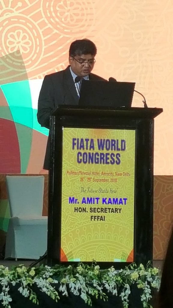 FIATA2018's tweet photo. Shri @ameetkamat, Hon. Secretary, #FFFAI presenting vote of thanks during #FWC2018 
#TheFutureStartsHere https://t.co/WaYz9bYuoU