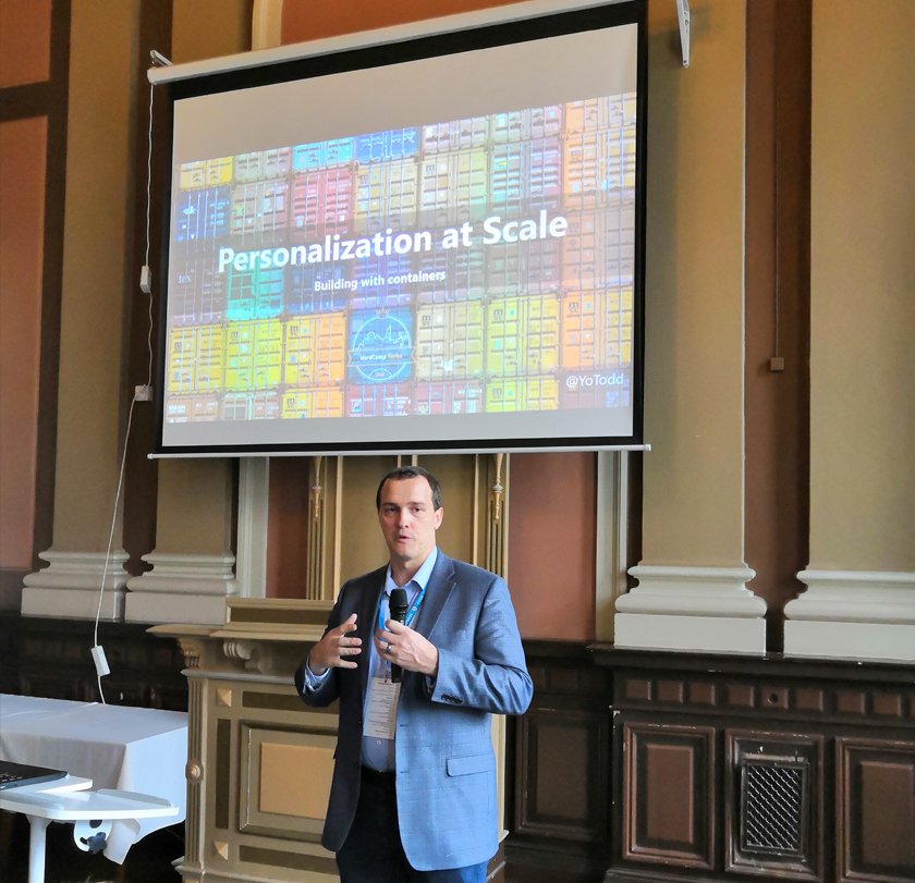 After some coffee it's time for <a href="/YoTodd/">Todd McMurtrey</a> and "Personalization at Scale: Building with containers". #WPFI #WCTKU