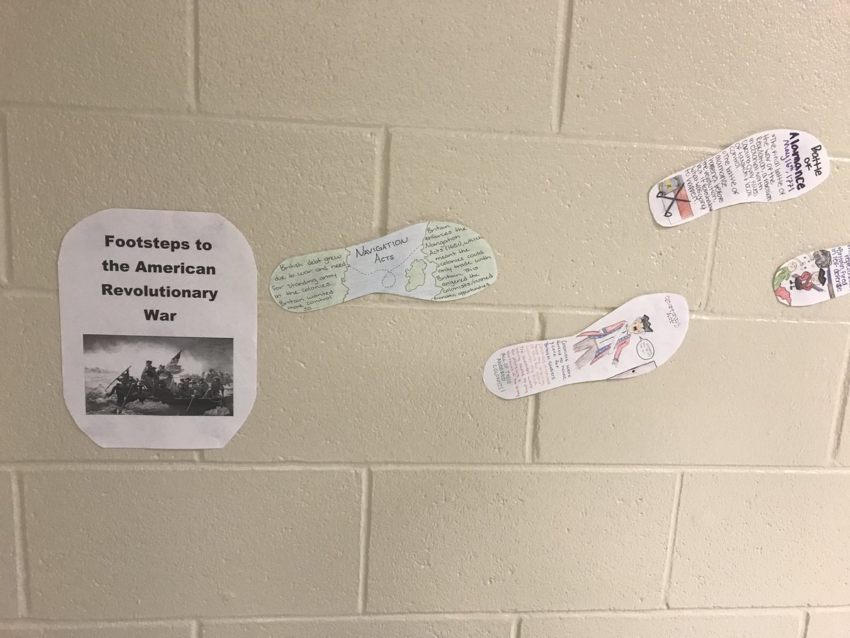 I always love to see this collage come together! Students put a new spin on a traditional assignment by tracing their own feet and researching pivotal events in order to create a class wide “footsteps through the American Revolution” timeline. #SocialStudies #VisualHistory