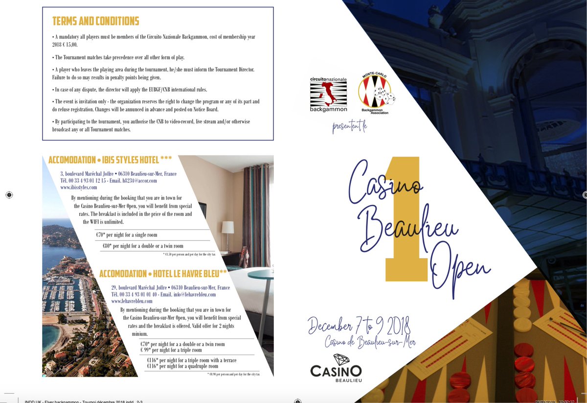 MCBackgammon's tweet photo. 1st "CASINO DE BEAULIEU" BACKGAMMON OPEN - Dec. 7-9, 2018 https://t.co/44v2dLnAJO