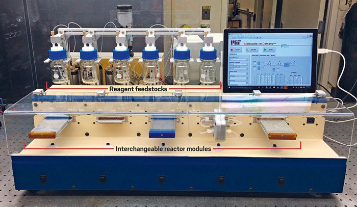 DARPA's tweet photo. Our Make-It program develops software tools based on machine learning &amp; expert-encoded rules to recommend synthetic routes (i.e., the "recipe" to make a particular molecule). @MIT Make-It team has created an automated flow system for optimizing reactions:
https://t.co/Dh9Ez4XWub https://t.co/B6zcAYXUuE