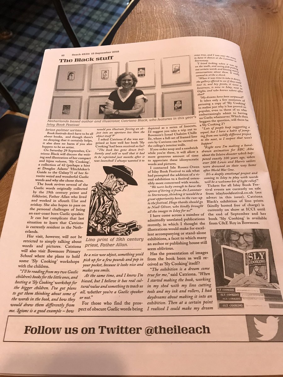 CatrionaBlack's tweet photo. Lovely piece in @TheIleach, mòran taing Brian! #ibf18 @islaybookfest @anlanntair @Upstairs_HRI @AcairBooks https://t.co/95vmX6qPV6