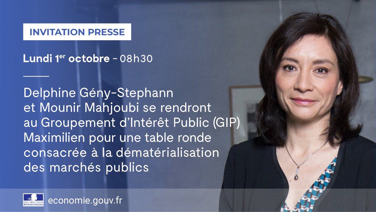Economie_Gouv's tweet photo. 🛎️ @DelphineGeny se rendra demain au groupement d’intérêt public Maximilien pour une table ronde consacrée à la dématérialisation des #marchéspublics 👉 https://t.co/NXAv0z6oSb https://t.co/5gzfUOQPrn