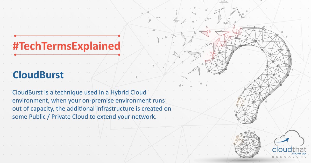 cloudthat's tweet photo. In an effort to simplify the unfamiliar jargons and acronyms of the Tech World, here is #TechTermsExplained. Our team has put together a list of what we feel are important Cloud terms that you should know.

Today’s Term is #CLOUDBURST!

#CloudThat #CloudComputing #MoveUp https://t.co/JOmwcNykml