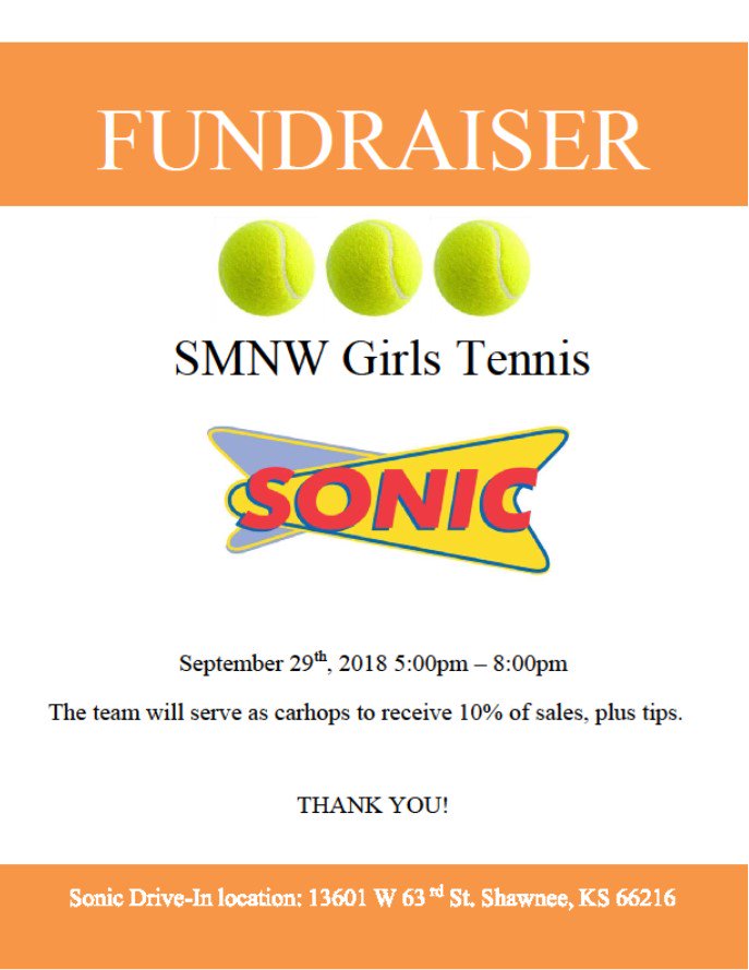 SMNWtennis's tweet image. Girls Tennis will be car-hopping @ Sonic Shawnee Mission Parkway + Pflumm this Saturday 5-8p. Come out and see us! @SMNWAthletics @smnw_office