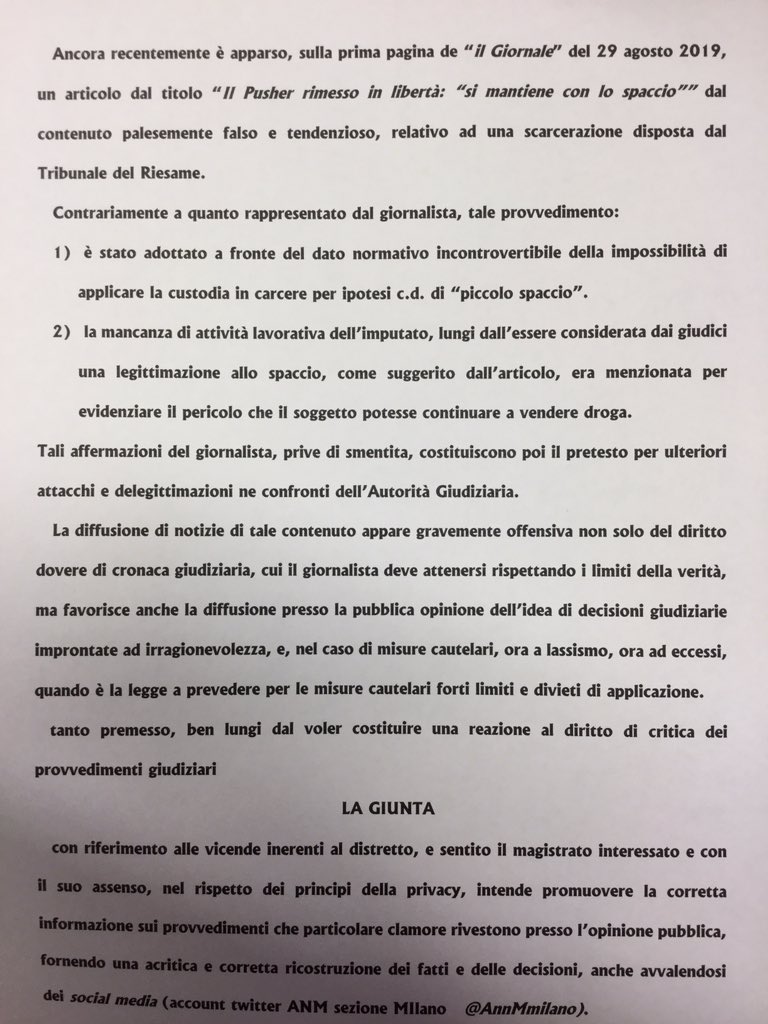 Giunta #ANM #Milano promuove la corretta informazione su provvedimenti che suscitano clamore nell’opinione pubblica, fornendo una acritica e corretta ricostruzione dei fatti e delle decisioni