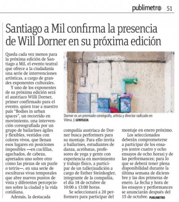fundteatroamil's tweet photo. #ANUNCIO La compañía de #WilliDorner llega nuevamente a #STGOaMIL2019, con "Bodies in urban spaces" y @PublimetroChile te cuenta los detalles. Además, atención estudiantes de danza, bailarines, acróbatas y más porque buscan performers locales 🤸♀️🤸♂️https://t.co/HwnzMEgf4H https://t.co/OuOmikJAtJ