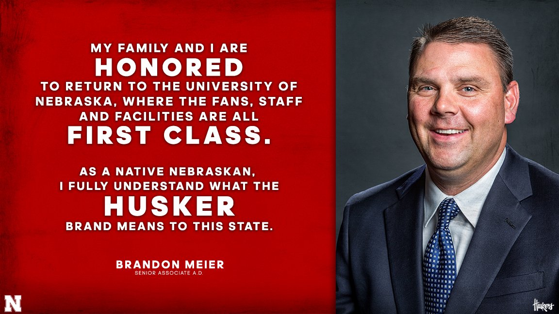 Huskers's tweet photo. Brandon Meier has been named Senior Associate AD for Marketing and Multimedia.

Welcome home!

#GBR https://t.co/Urif7KC3Rb