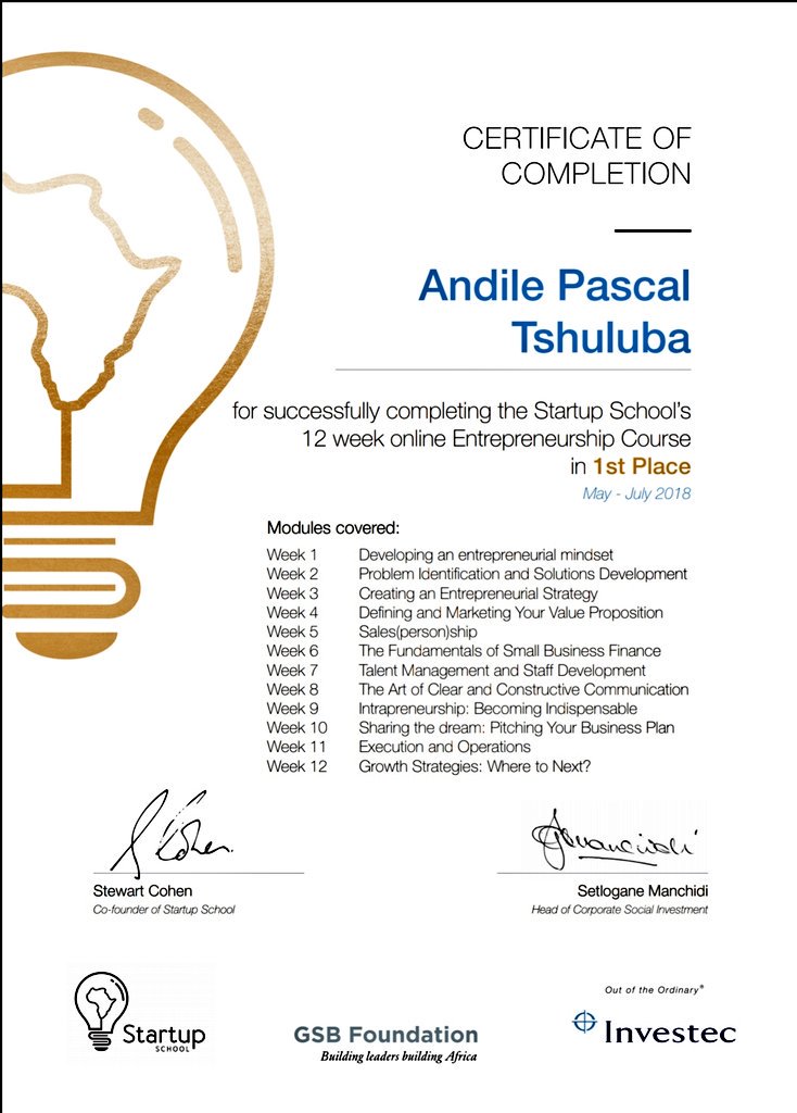 Takeaway_Ads's tweet photo. Congratulations 👏🏾 to our Founder @APTshuluba for successfully completing the online #StartUpSchool #EntrepreneurshipCourse supported by @Investec &amp; the @GSB_Foundation.Our #Startup company managed to win 1st Prize in the business competition organised by #StartUpSchool.🥇🏅💰 https://t.co/S46G8to14Q