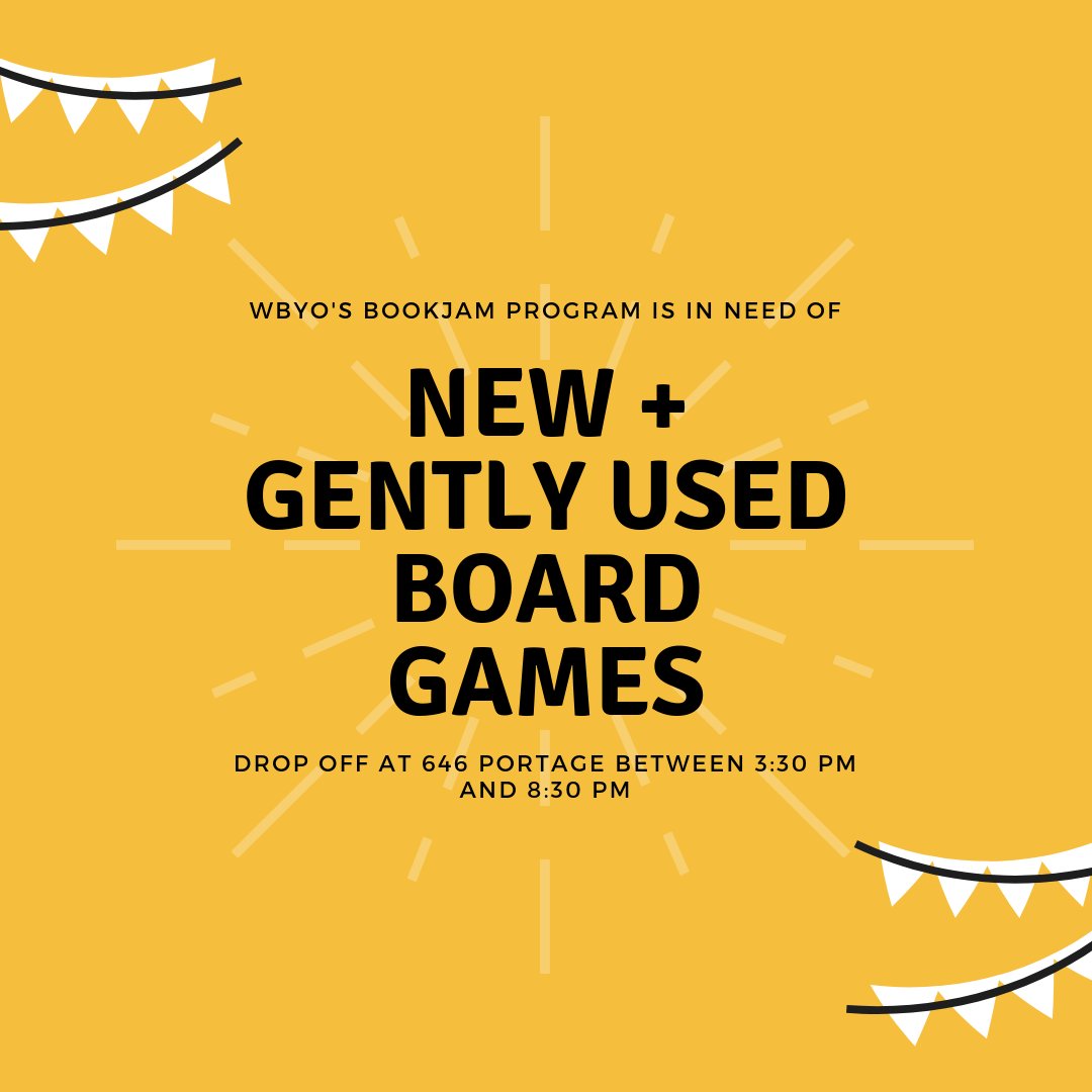WBYOKids's tweet photo. 📣 If you're in the middle of a fall clean-up, now's your chance to get rid of some board games! WBYO's Bookjam program is looking for new or gently used board games. 

If you have any, please email wbyokidz@gmail.com or drop them off at 646 Portage between 3:30 PM and 8:30 PM. https://t.co/skqMMOHol4