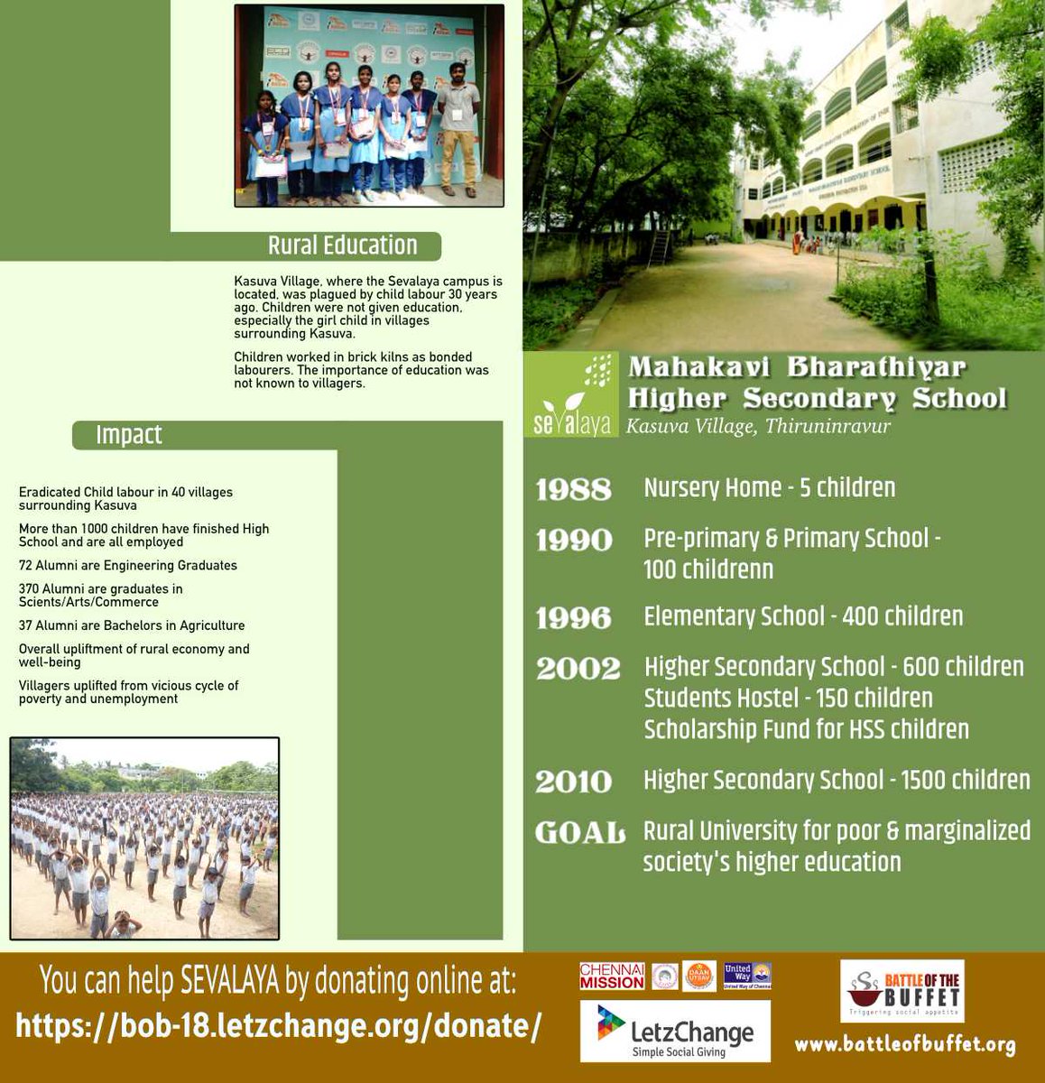 BattleotBuffet's tweet photo. Mahakavi Bharathiyar Hr Sec School at Kasuva Village, run by Sevalaya, provides education, completely free of cost to more than 2000 poor and destitute children in the neighbourhood.

Help Sevalaya by donating to them at https://t.co/S6Xmk4pu6e
 #CrowdFund @Letz_Change https://t.co/a2LfpXjNT5