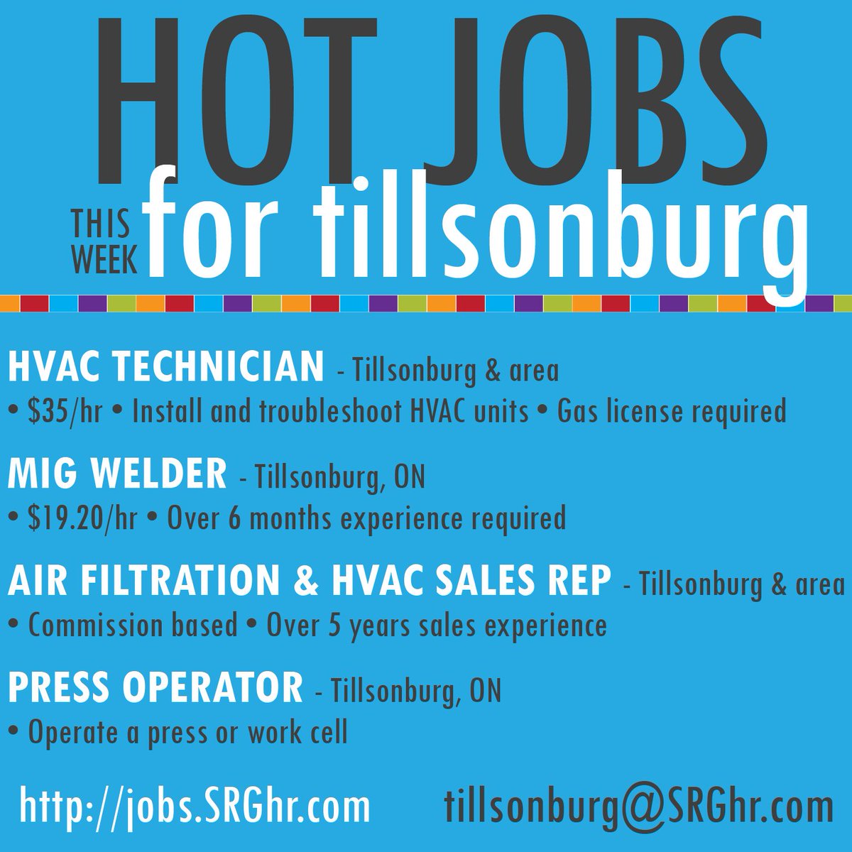 Looking for work in Tillsonburg &amp; area! We have lots of opportunities right now! Skilled, sales &amp; production. Apply today! tillsonburg@SRGhr.com 519-842-7003 jobs.SRGhr.com